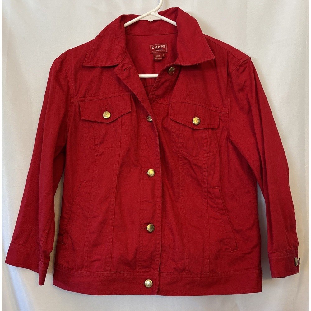 Chaps Women's Denim Red Button Up Y2K Utility Jean Jacket Cotton S